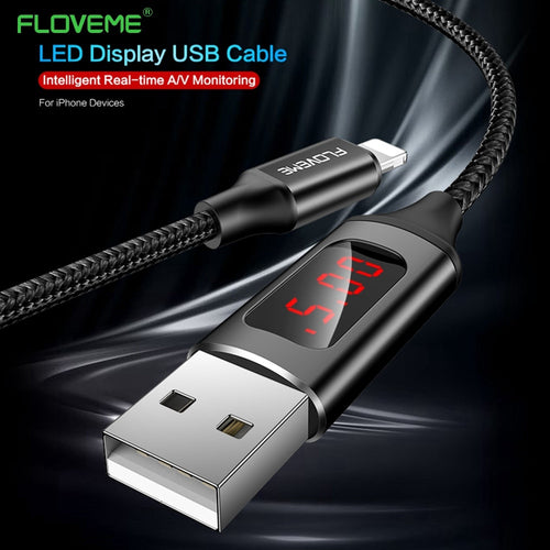 LED Digital USB Cable Charger 2.1A Charge Data For Lightning Cables Nylon Braided Cable